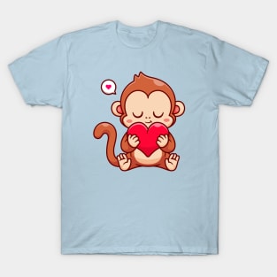 Cute Monkey Holding Love Heart Cartoon T-Shirt